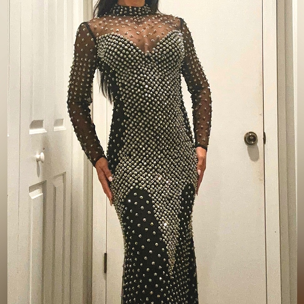FMG/WBFF/Gala Dress Sharp Fabrics Black with Rhinestones Evening Pageant Gown